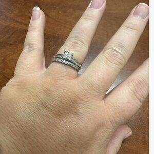 14K white gold engagement ring and wedding band set.